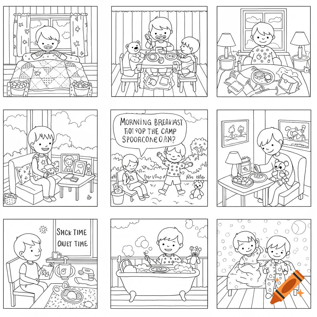 A black and white coloring book page showing a child's daily schedule in 9 panels, depicting activities like waking up, eating, playing, and bathing.