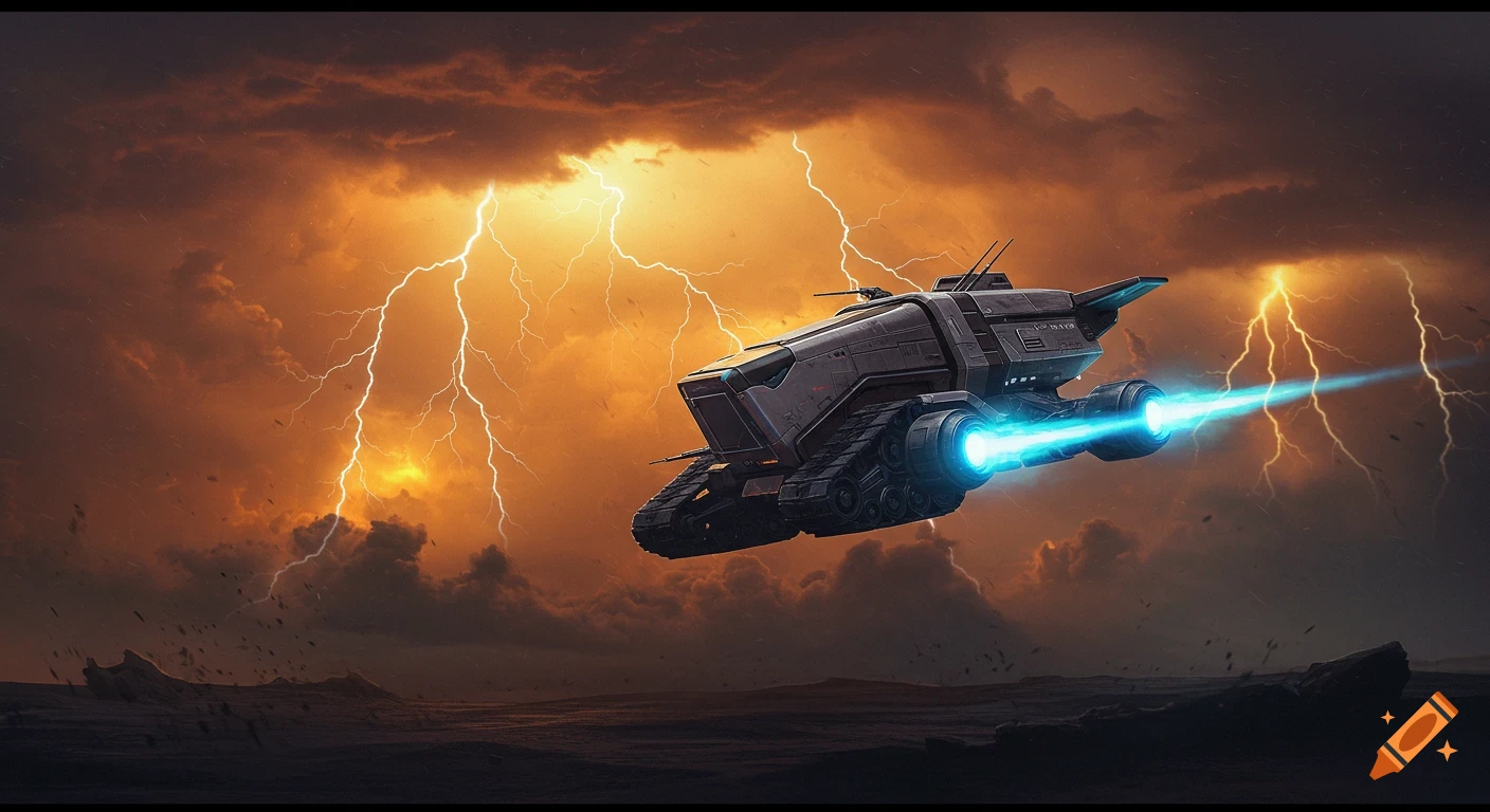 A futuristic tracked transport vessel flies through a turbulent orange and dark stormy sky with lightning, photorealistic.