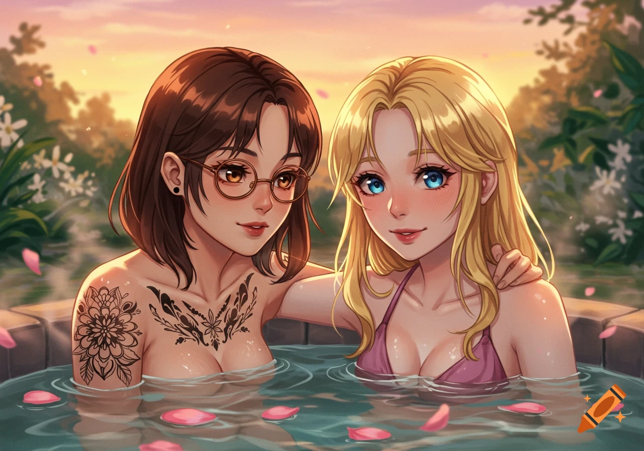 Two anime women in a hot tub with rose petals at sunset. One has glasses and tattoos, the other blonde hair.