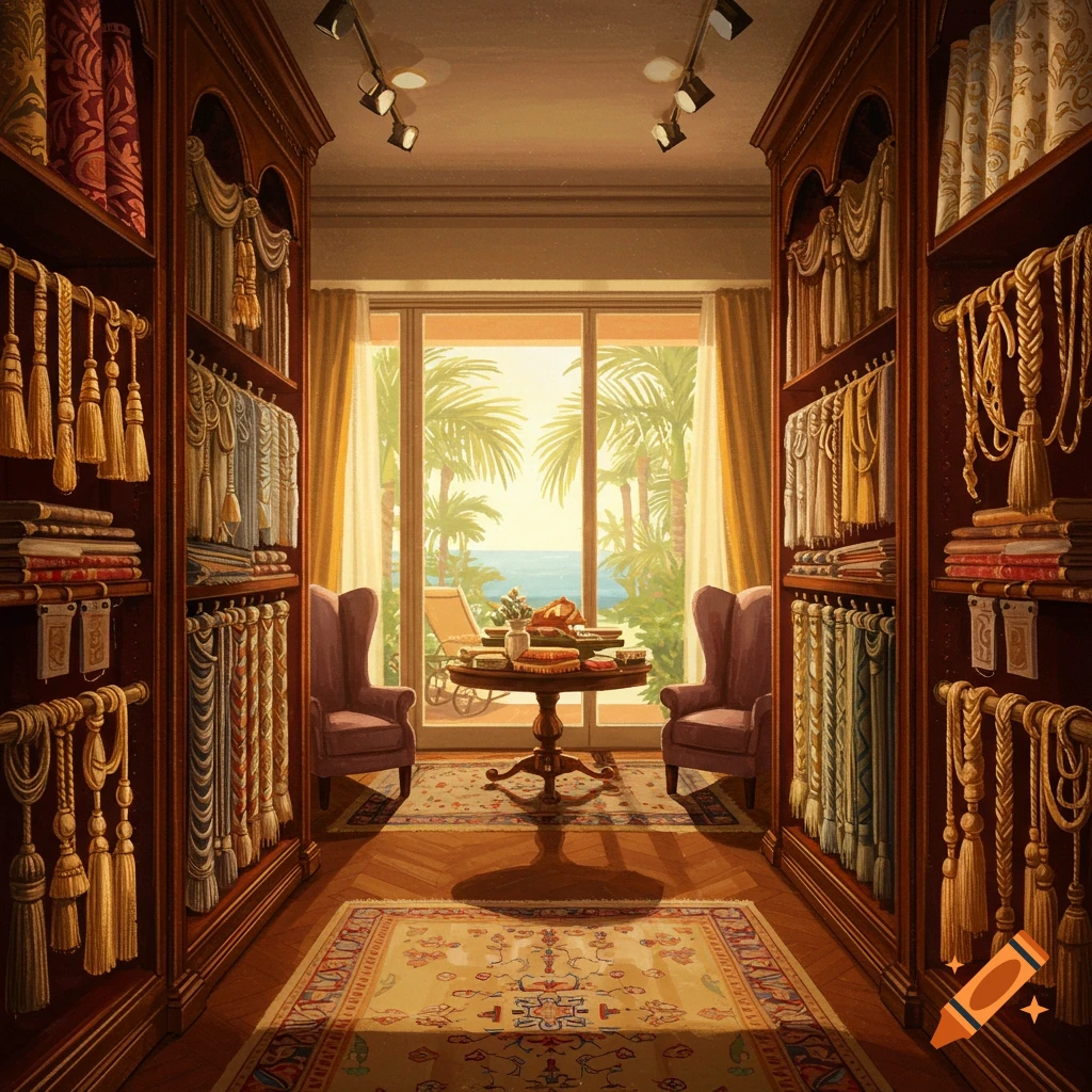 A richly decorated passementerie showroom with shelves of fabric and tassels, a central table, armchairs, and a large window overlooking a tropical beach.
