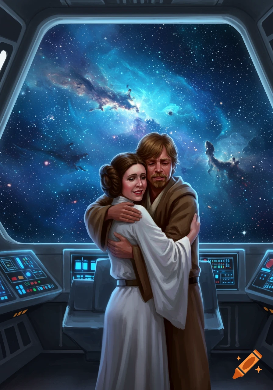 Luke Skywalker and Leia Organa hug inside a spaceship, gazing out at a vibrant blue nebula and stars.