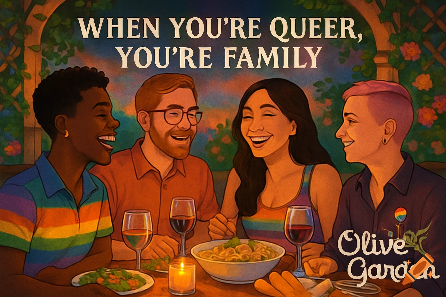 Illustration of four diverse people laughing and dining at Olive Garden. Text says 'WHEN YOU'RE QUEER, YOU'RE FAMILY'.