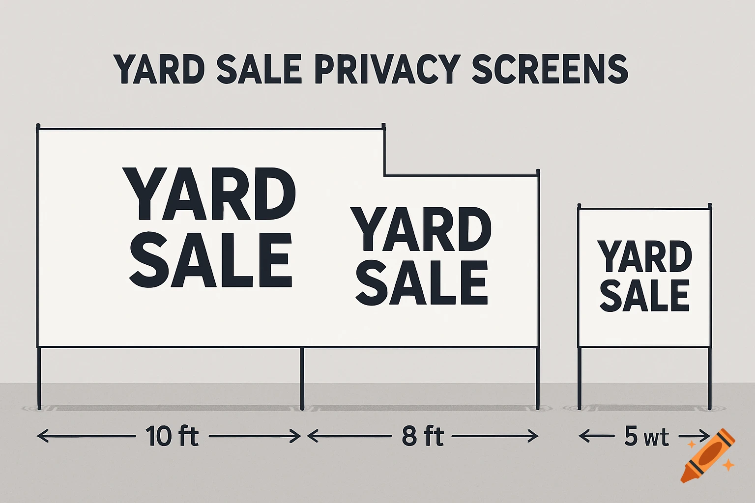 Diagram of three white yard sale privacy screens of varying widths, showing 10 ft, 8 ft, and 5 wt dimensions.