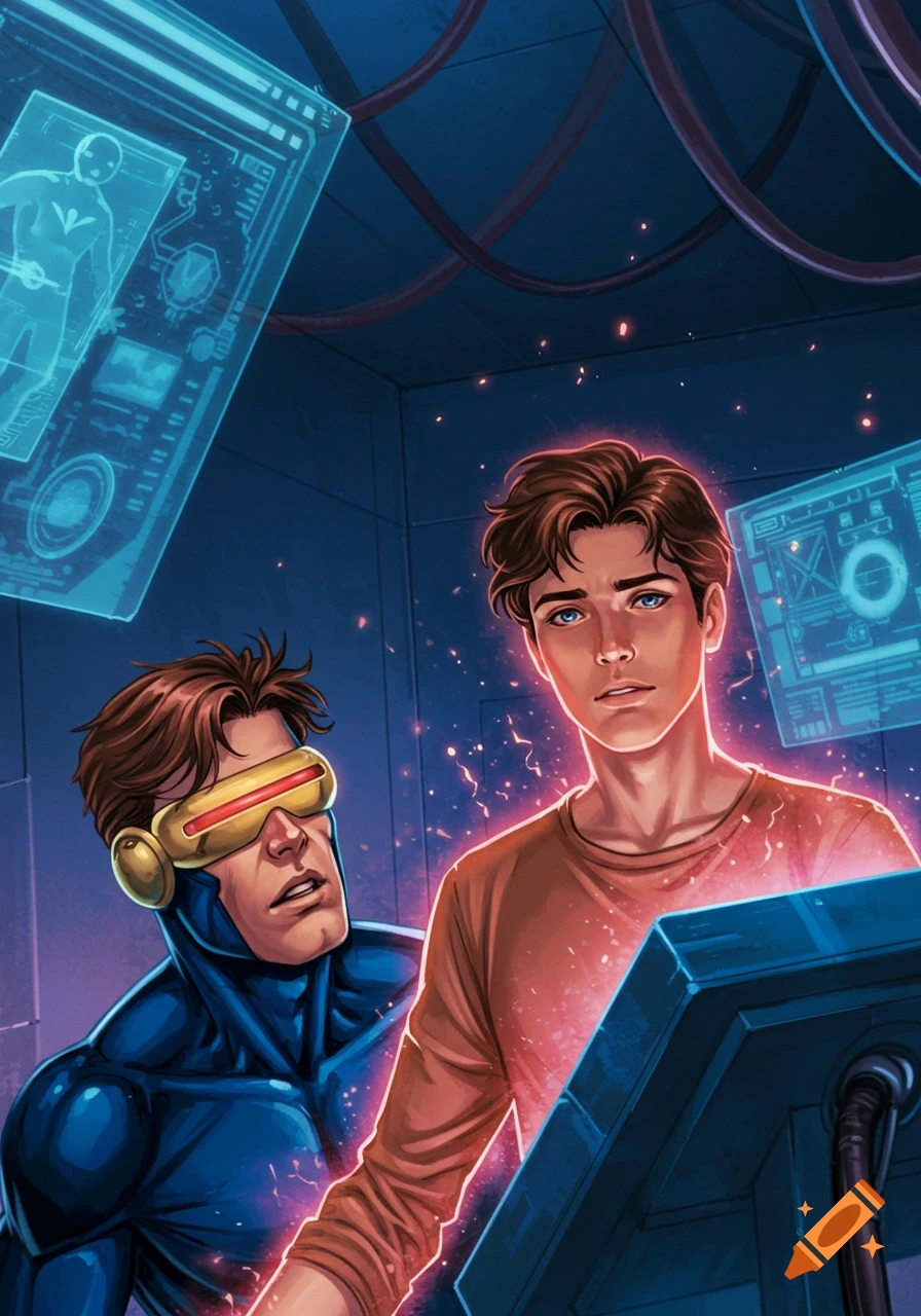 Marvel comic art of Cyclops watching a glowing young man in the X-Men Danger Room with holographic screens.