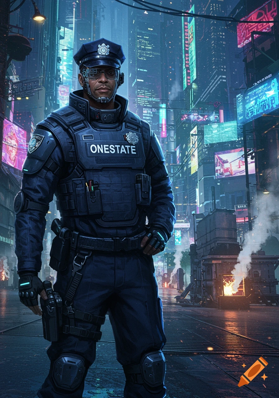 A futuristic police officer in dark blue armor with 'ONESTATE' on the chest stands on a rainy cyberpunk city street with neon signs.