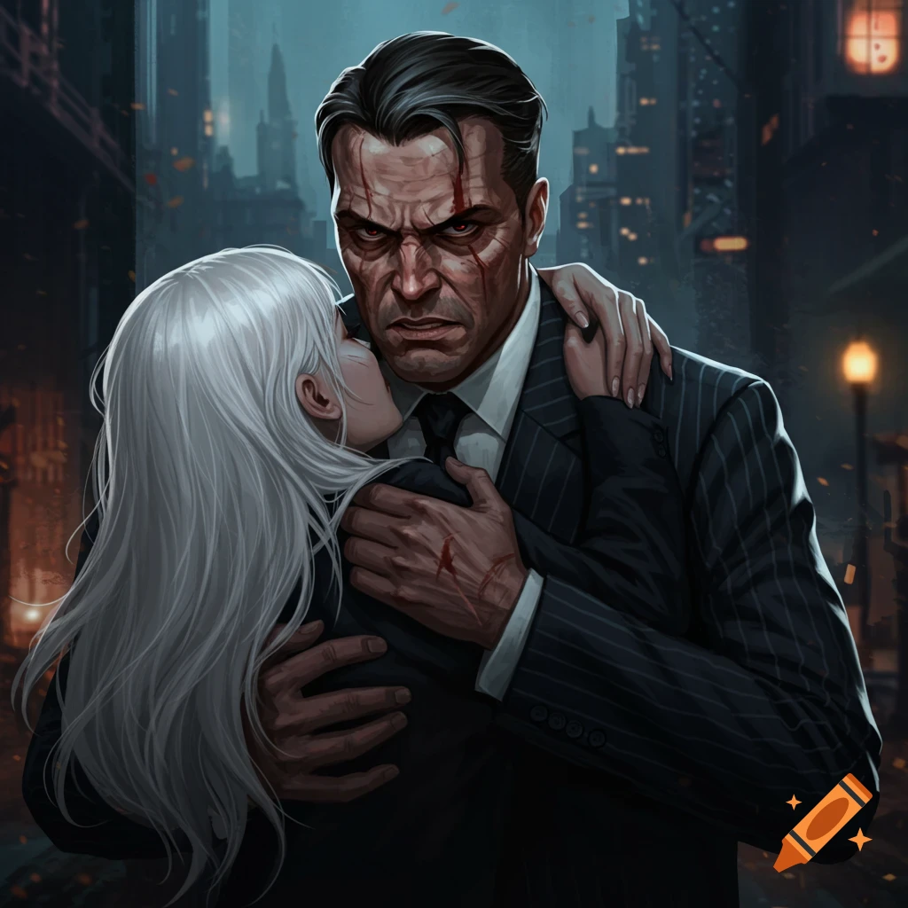 An angry, scarred man in a pinstripe suit holds a white-haired woman close in a dark, city street illustration.