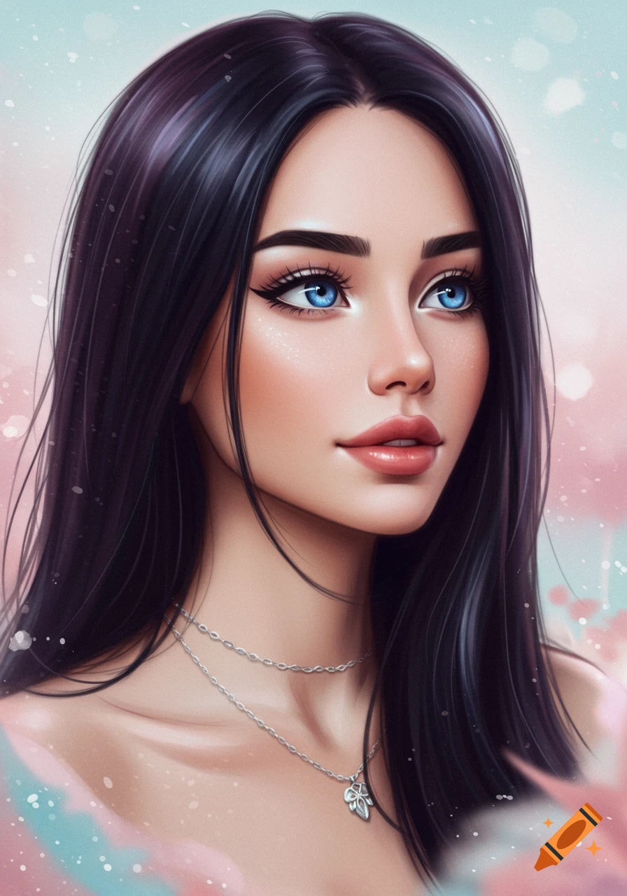 Stylized digital painting of a beautiful young woman with blue eyes and ...