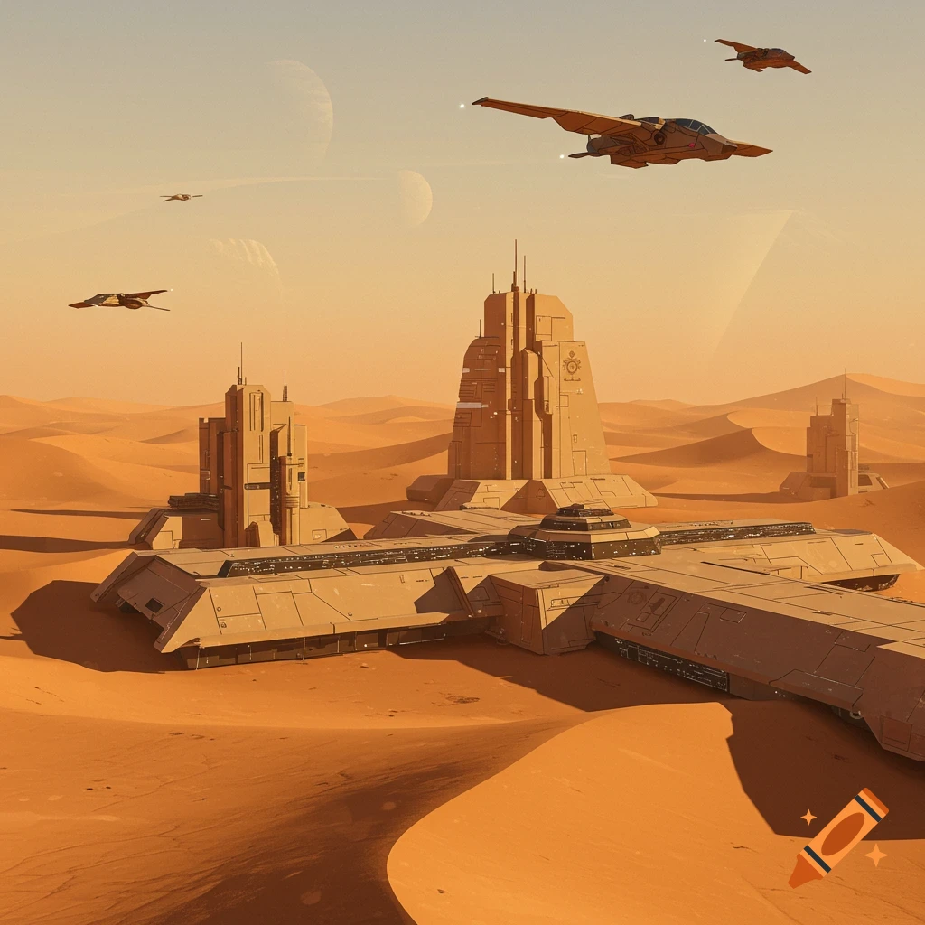 Futuristic angular buildings of a base on a desert planet with spaceships flying overhead.
