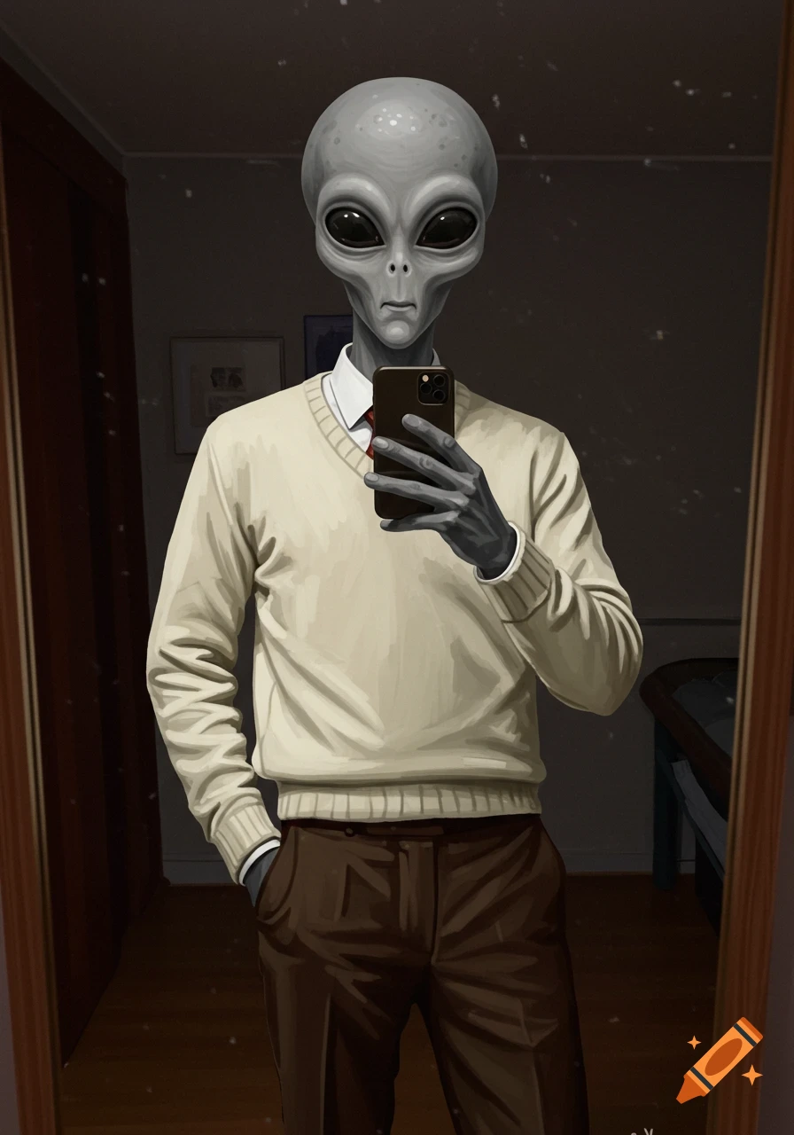 A gray alien in a white sweater and brown pants takes a selfie in a mirror with an iPhone, one hand in his pocket.