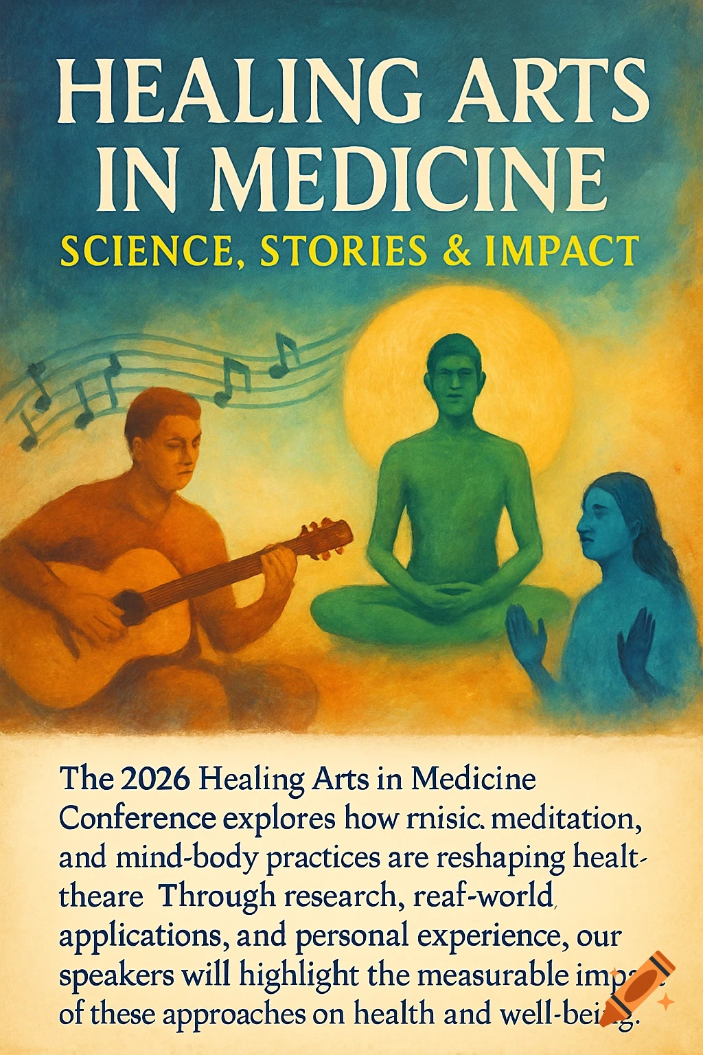 An artistic poster for 'Healing Arts in Medicine' conference with a man playing guitar, a green-skinned figure meditating, and a blue-skinned figure with hands raised, all in a warm, ethereal watercolor style with musical notes floating.