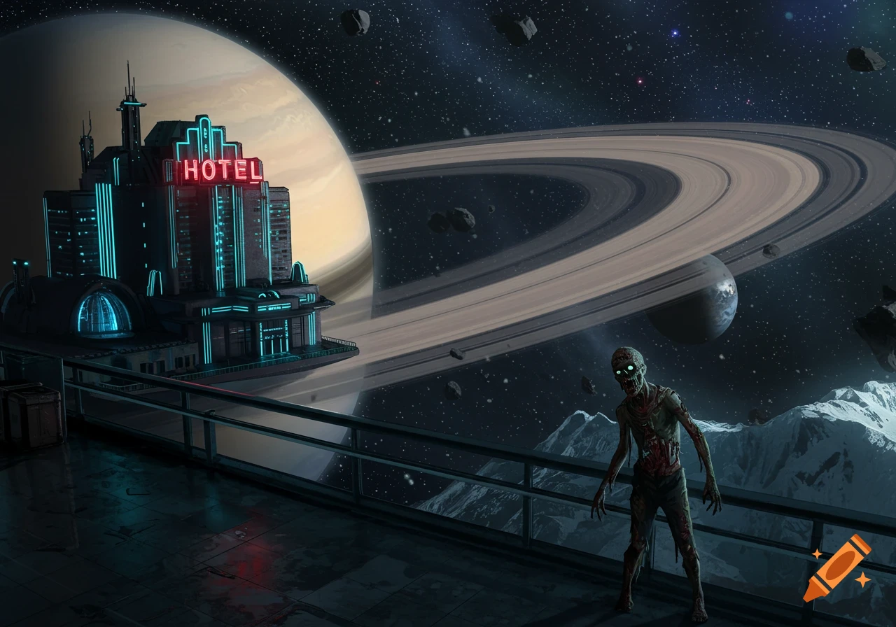 A zombie stands on a futuristic space platform with a glowing 'HOTEL' sign on a building, overlooking Saturn's rings and a distant planet.