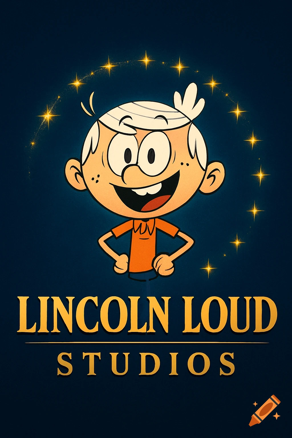 Lincoln Loud cartoon character as a studio logo with golden text and a ring of stars.