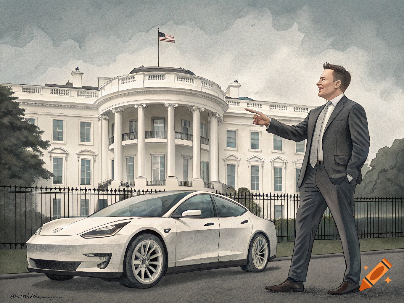 Illustration of Elon Musk pointing at a white Tesla in front of the White House.