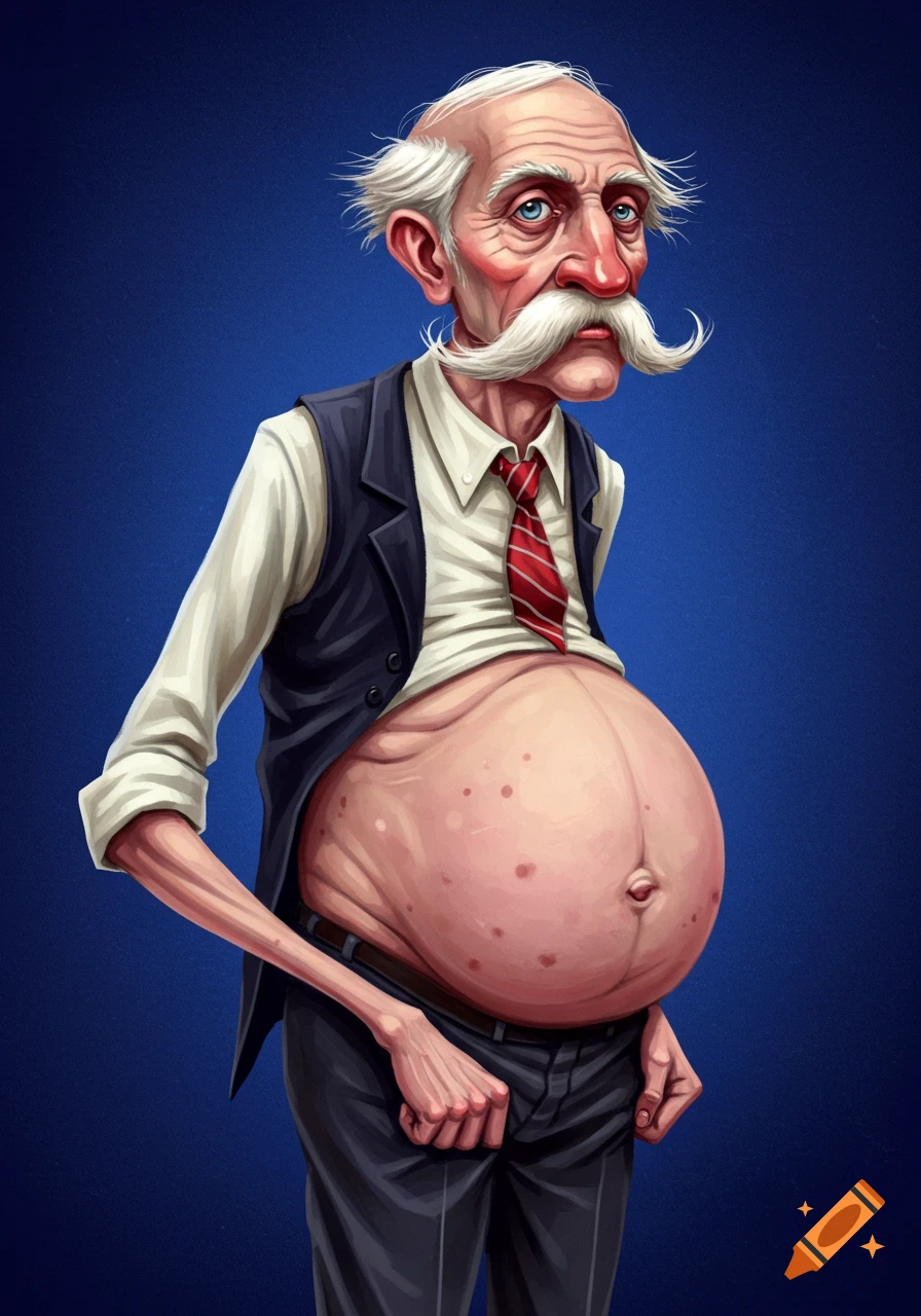 A stylized illustration of an old man with white hair, a large white mustache, a white shirt, a striped red tie, a dark vest, dark pants, and a very round, exposed belly with reddish spots, against a dark blue background.
