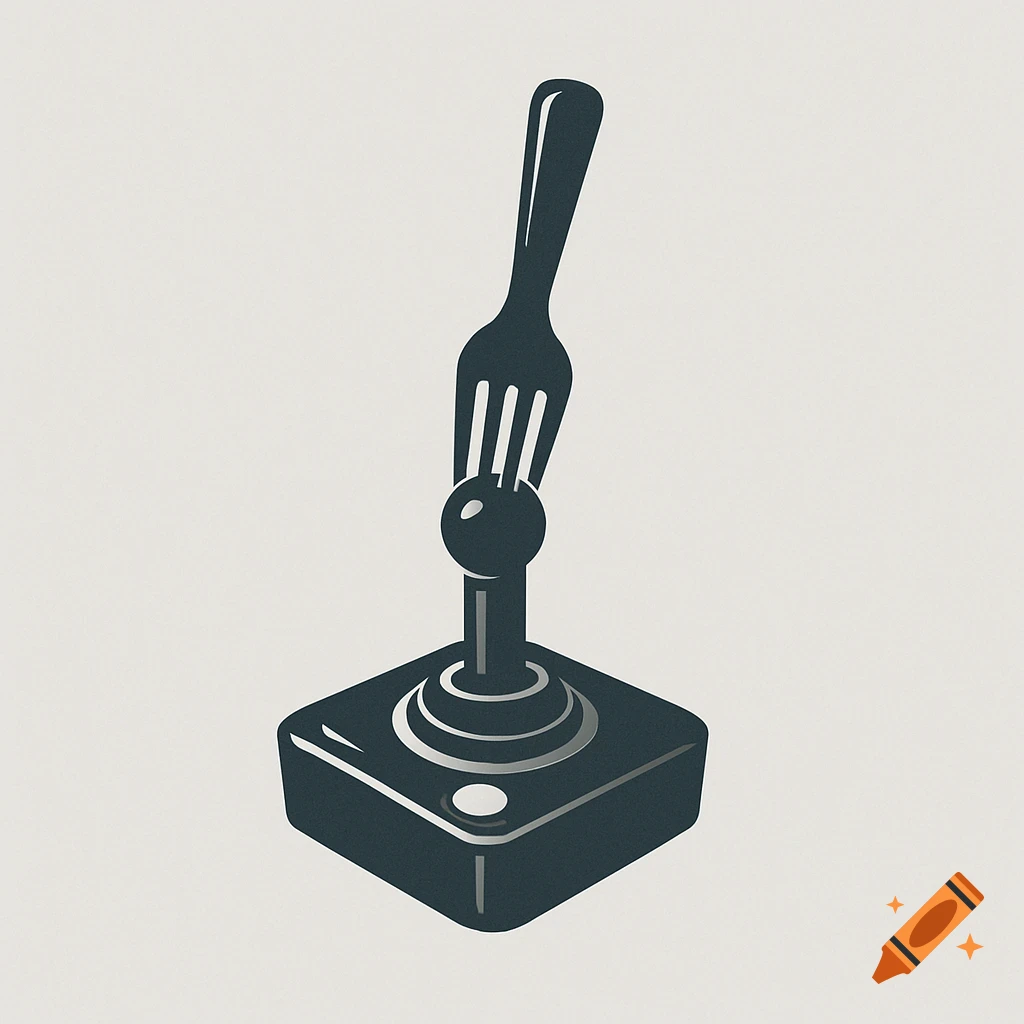 A minimalist logo showing a fork replacing the stick of a video game joystick.