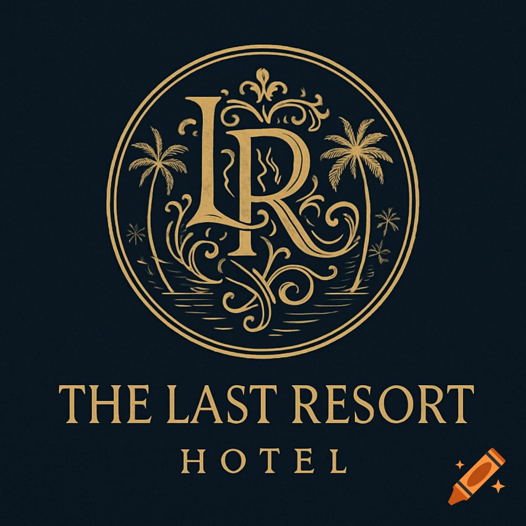 Gold circular logo for The Last Resort Hotel with 'LR' initials, palm trees, and text on a dark blue background.