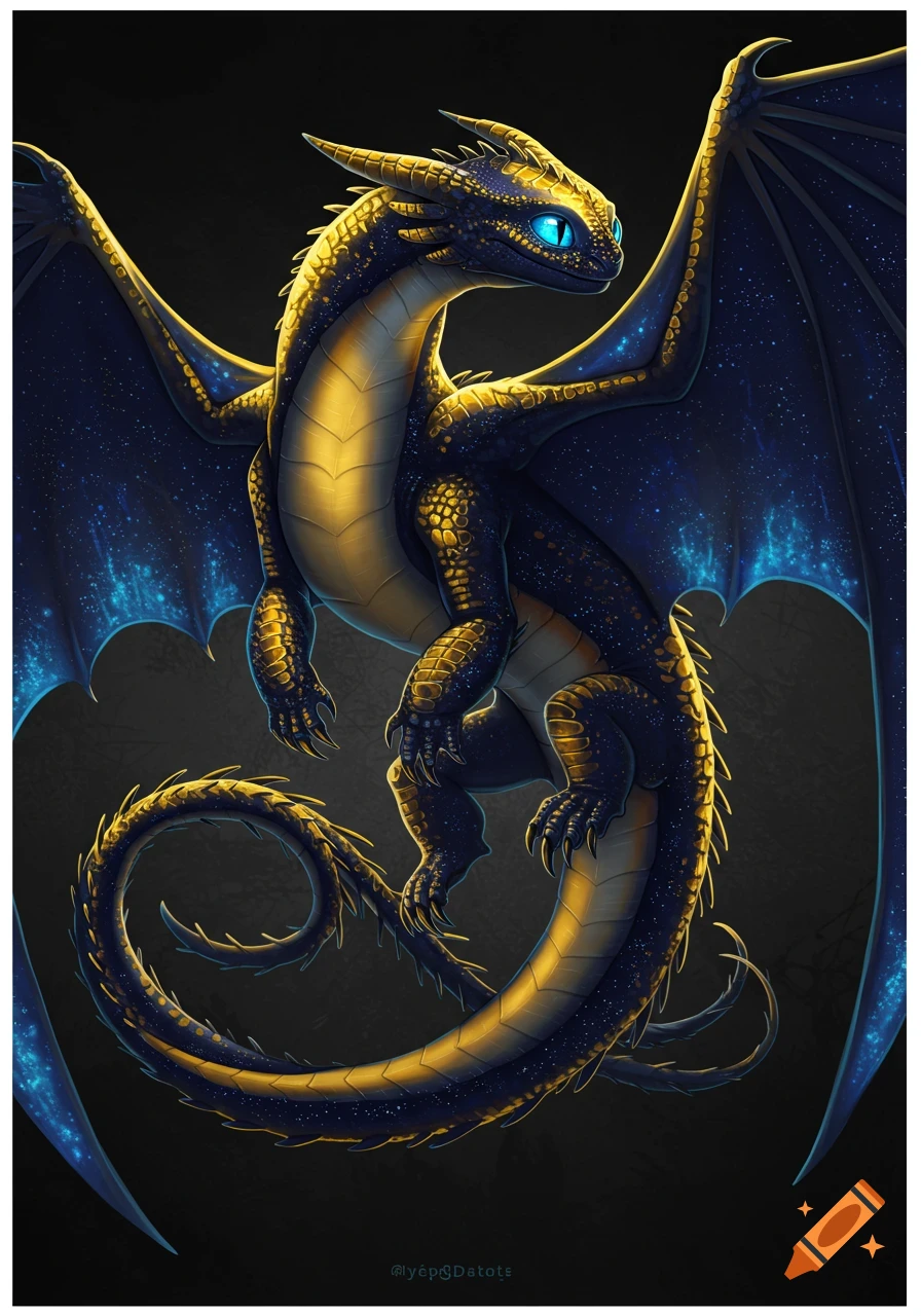 A stylized dark blue dragon with golden scales and glowing blue eyes, resembling a Night Fury, with wings spread against a dark background.