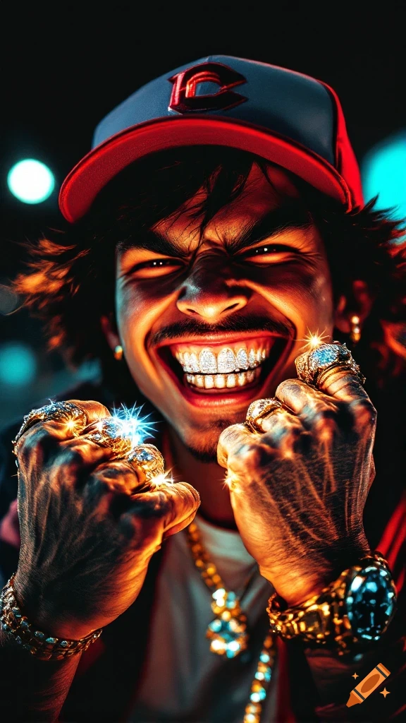 A hyper-realistic, stylized portrait of a man resembling Ash Ketchum, wildly grinning with diamond grills and wearing iced-out rings, a watch, and a gold chain, in a dark, gritty setting with harsh frontal flash.