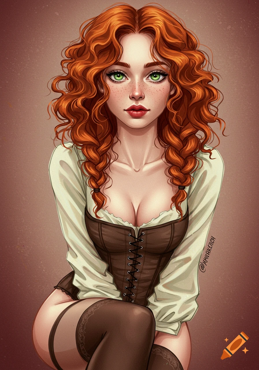 A stylized illustration of a redhead woman with green eyes and curly hair, wearing a corset and stockings.