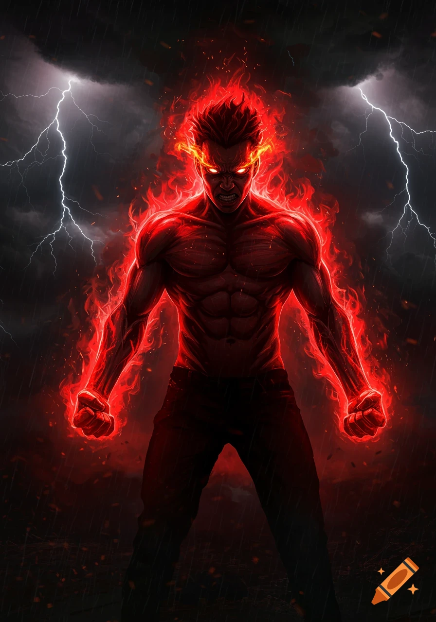A man engulfed in red energy stands menacingly under a stormy, lightning-filled sky.