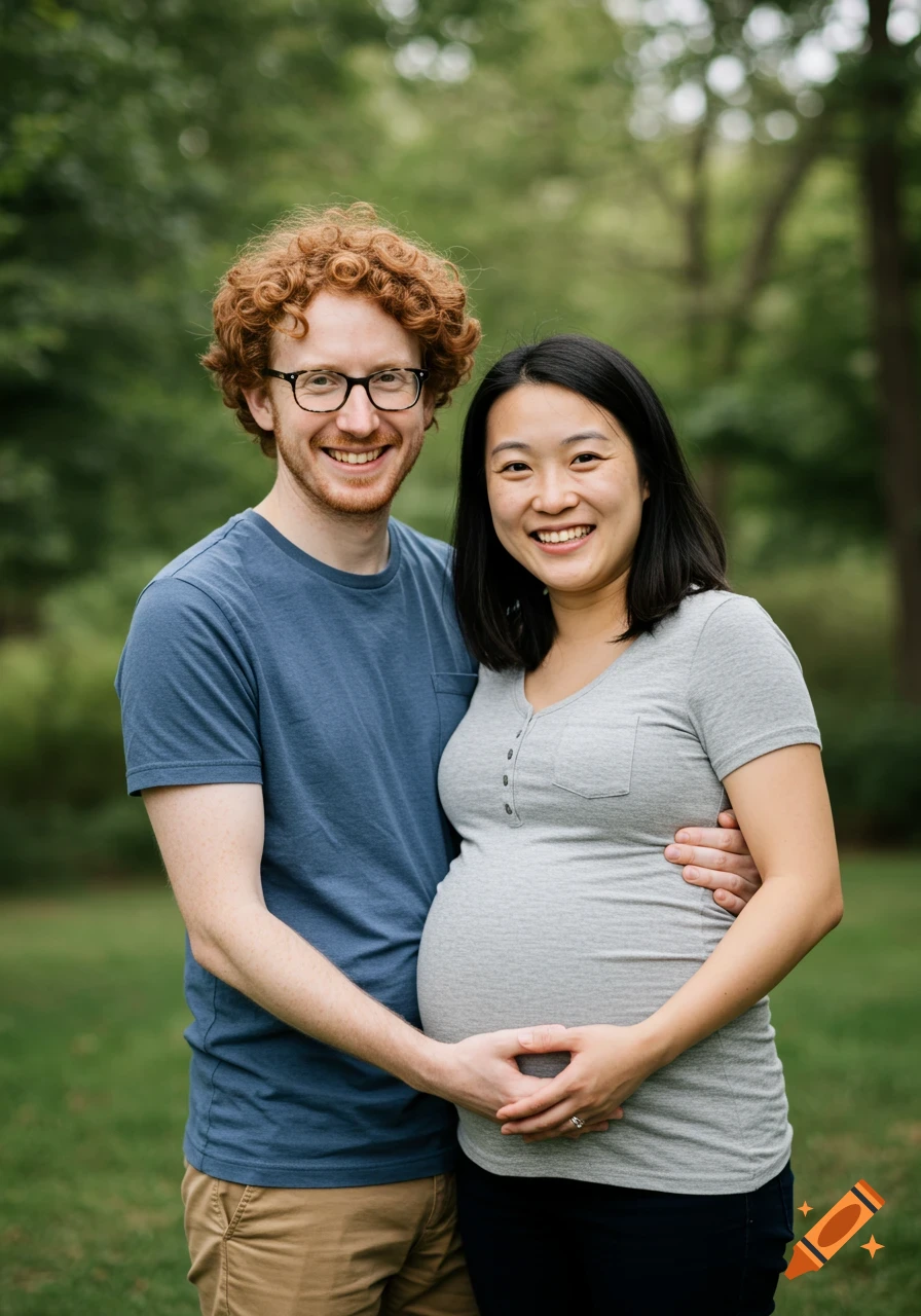 A smiling pregnant Asian woman and her red-haired husband in glasses pose for a photo outdoors.