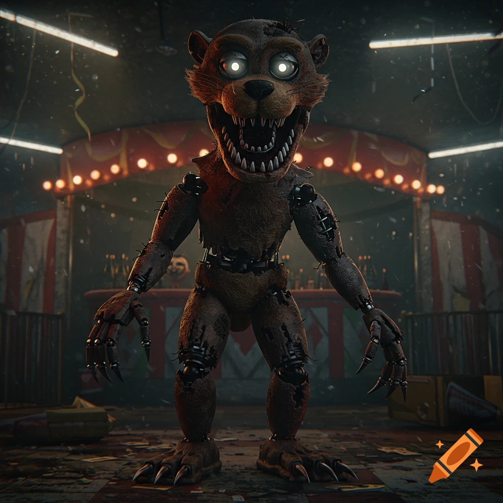 A terrifying, damaged brown animatronic with glowing white eyes and sharp teeth stands in a dark, rundown carnival.