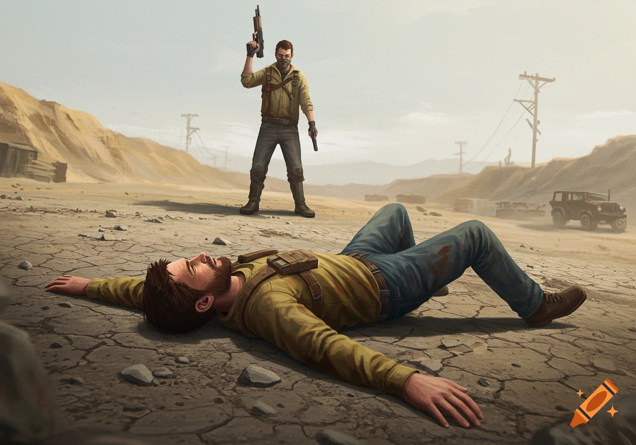 A man lies on the ground in a desert landscape looking up at another man holding a rifle and pistol, in a video game art style.