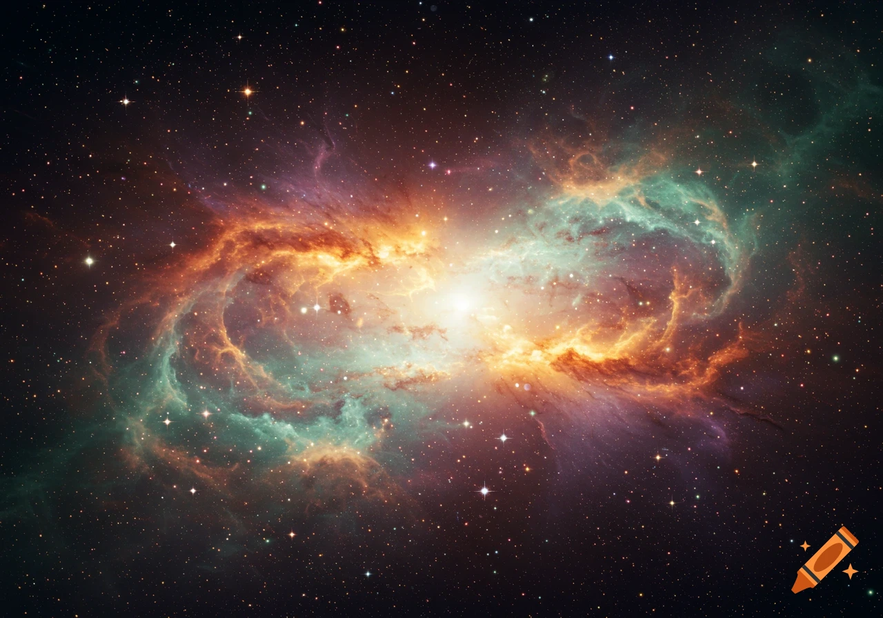 A vibrant nebula with swirling clouds of orange, blue-green, and purple gas and dust, illuminated by a bright central light source, set against a dark starry sky.