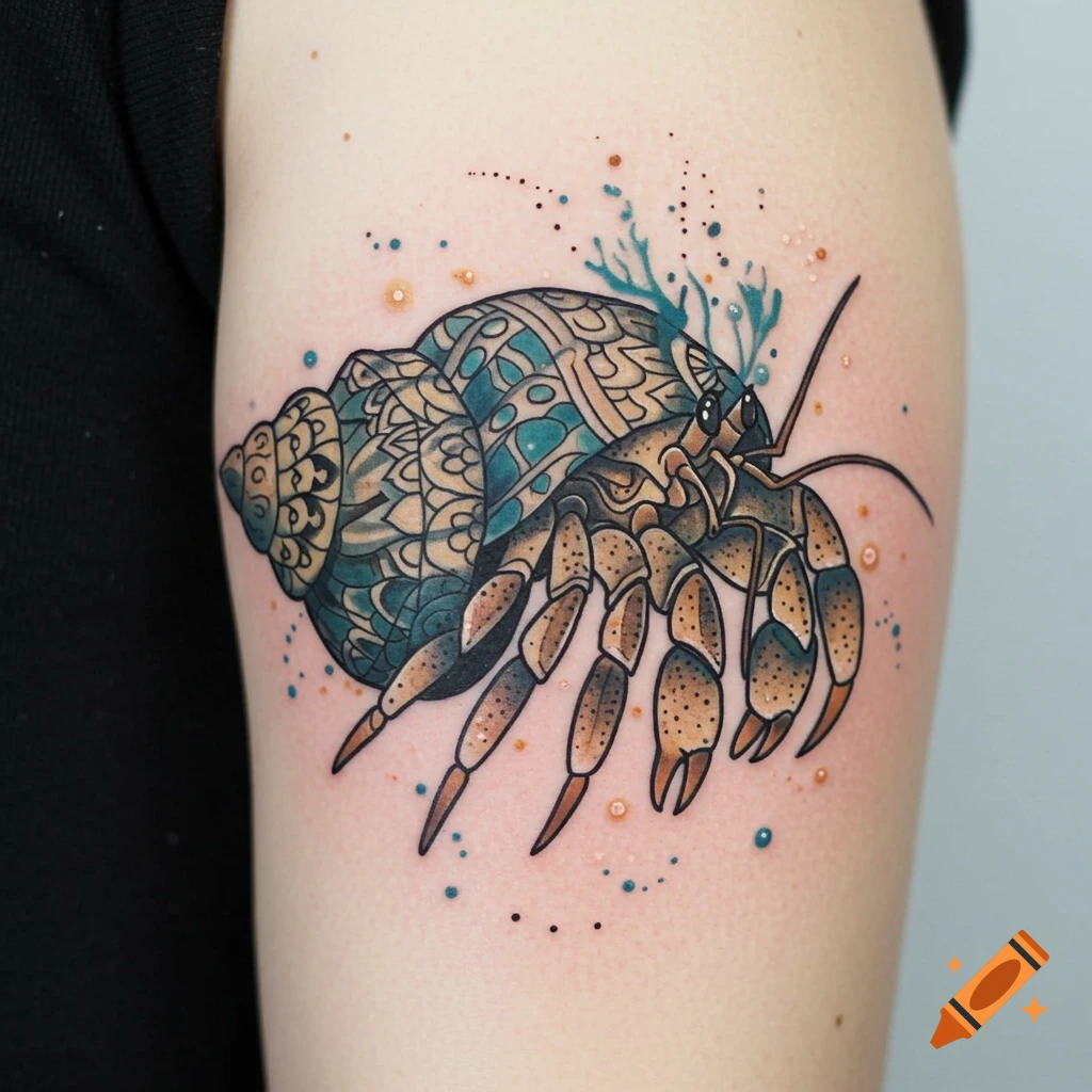 A vibrant tattoo of a hermit crab with an intricate blue and brown patterned shell on a person's arm.