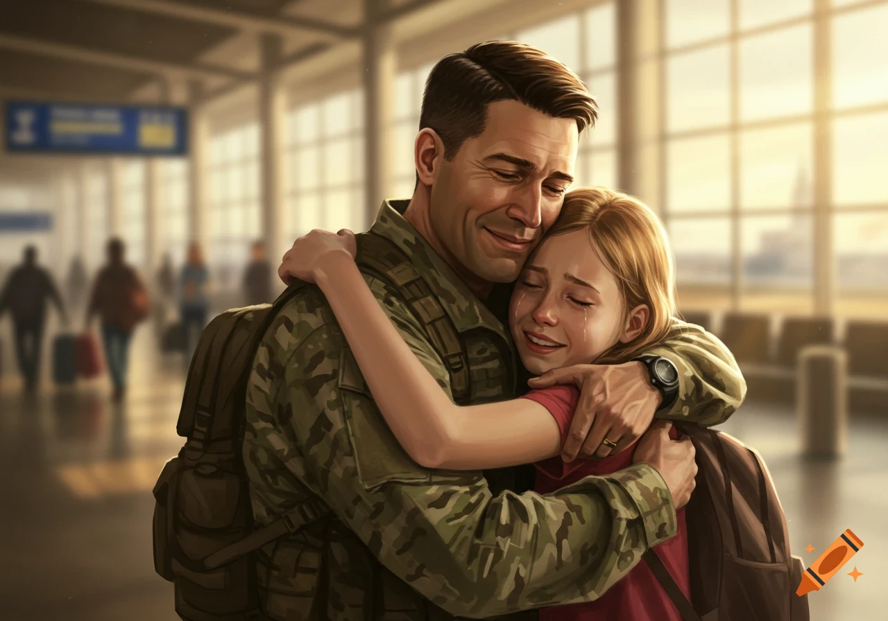 A soldier in camouflage uniform embraces a crying young girl in an airport, with other travelers in the blurry background.