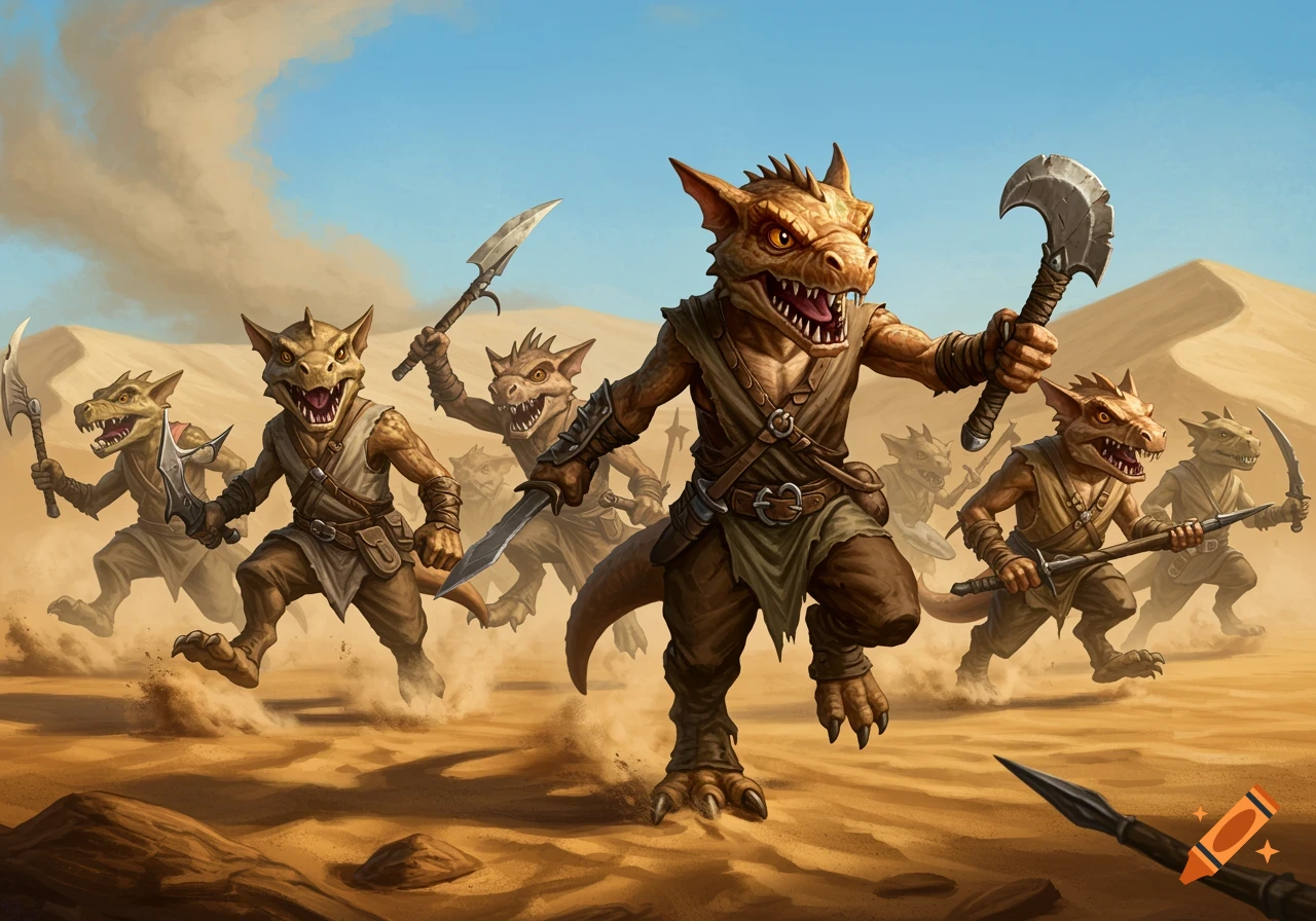 A gang of armed reptilian kobolds charging through a desert landscape in a vibrant fantasy art style.