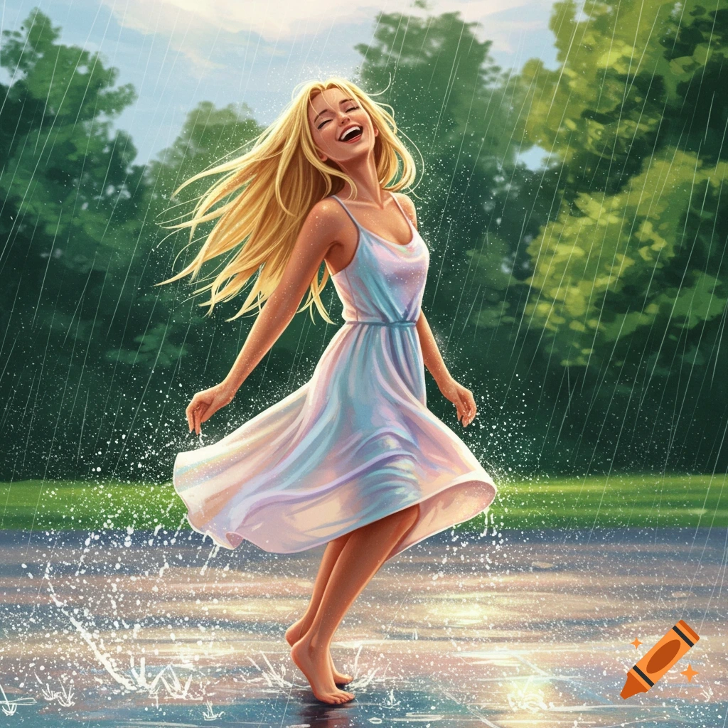 A happy blonde woman in a light dress dances barefoot in the rain, splashing water in a lush green outdoor area.