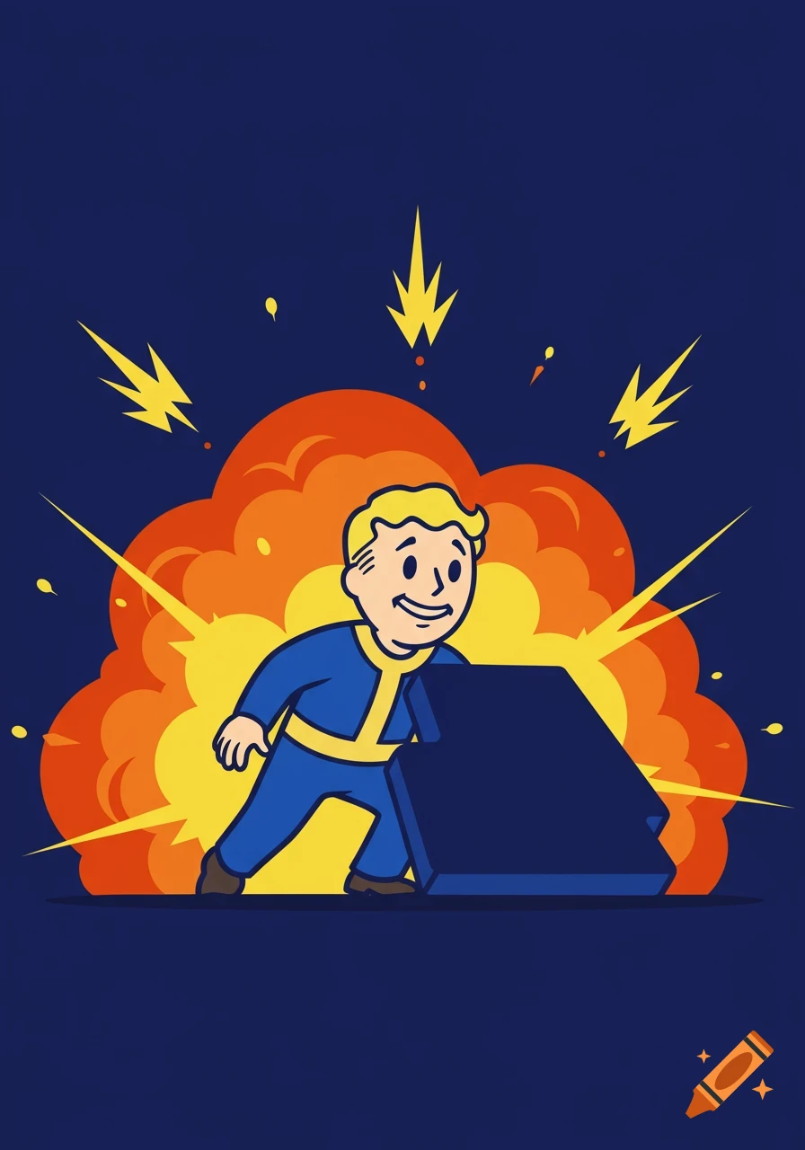Vault Boy hiding behind cover from an explosion in a cartoon style.