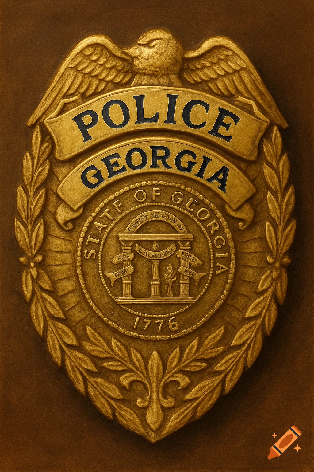A gold-colored police badge featuring an eagle at the top, engraved with 'POLICE' and 'GEORGIA', and the State of Georgia seal with '1776'.