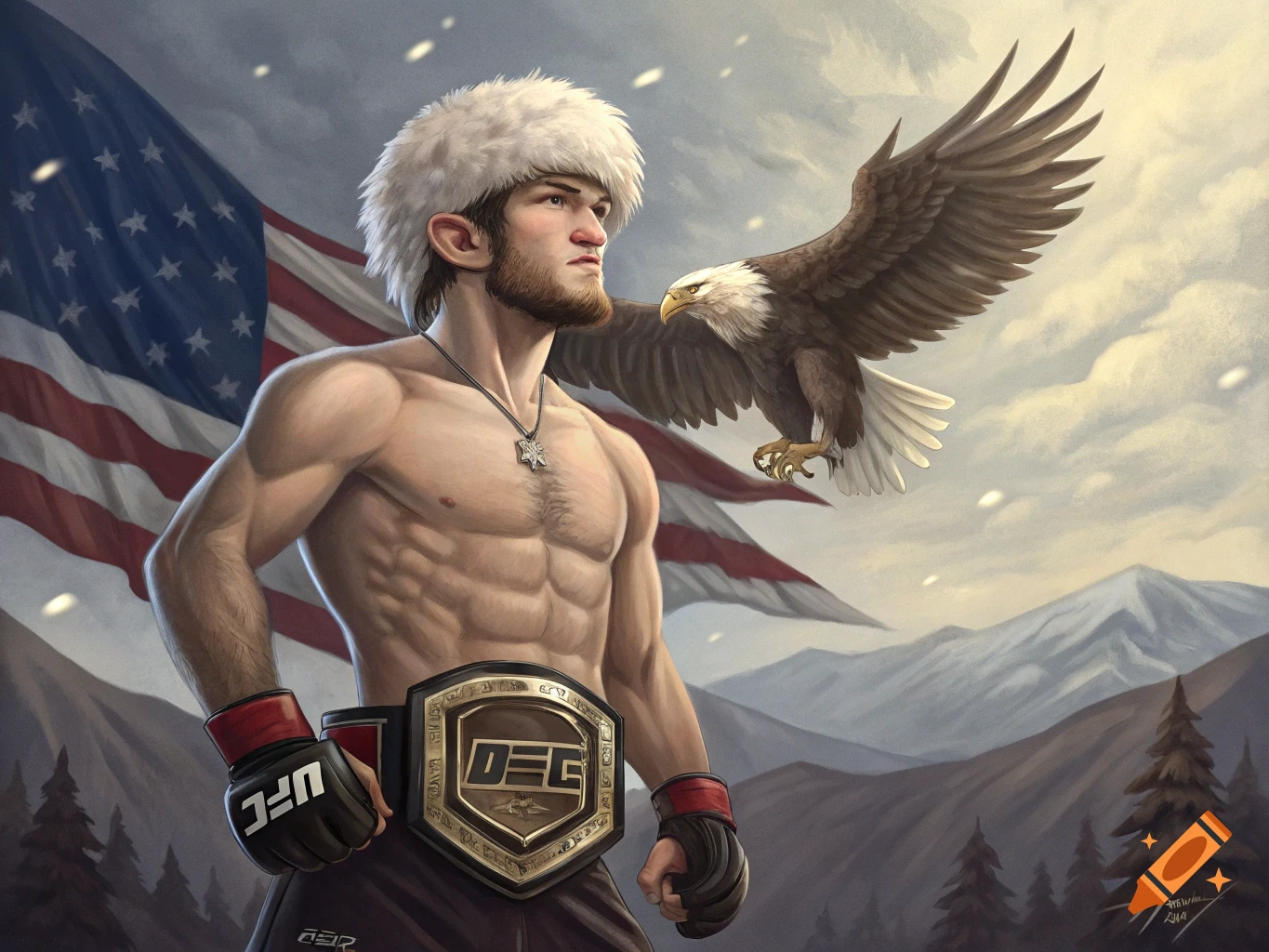 Muscular fighter with a fur hat and championship belt stands before an American flag with an eagle flying above snowy mountains in an anime art style.