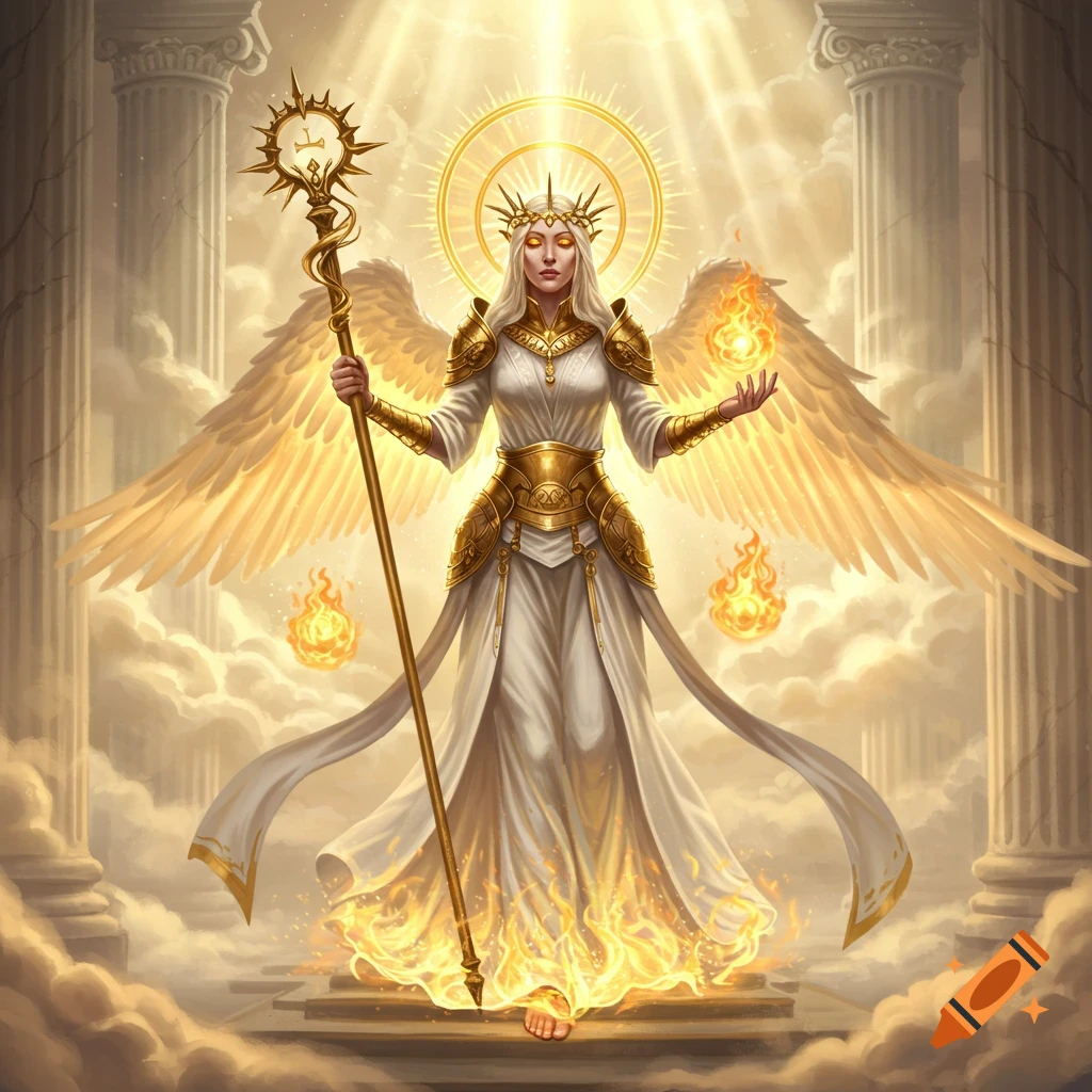 A radiant angelic goddess with golden armor and wings, holding a staff, stands amidst fire and light in an ancient temple.