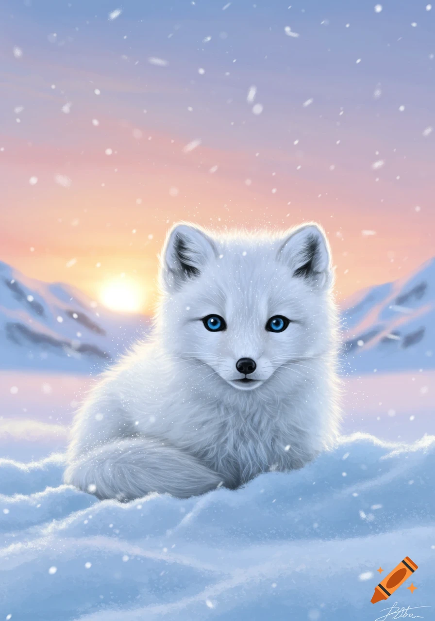 A cute baby arctic fox with bright blue eyes sits in the snow during a sunset with falling snowflakes.