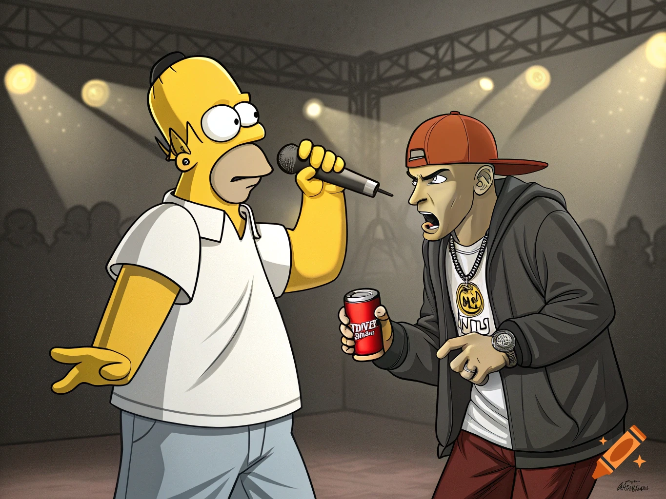 Homer Simpson and Eminem in a cartoon rap battle on stage under spotlights. Homer holds a microphone, while Eminem holds a can.