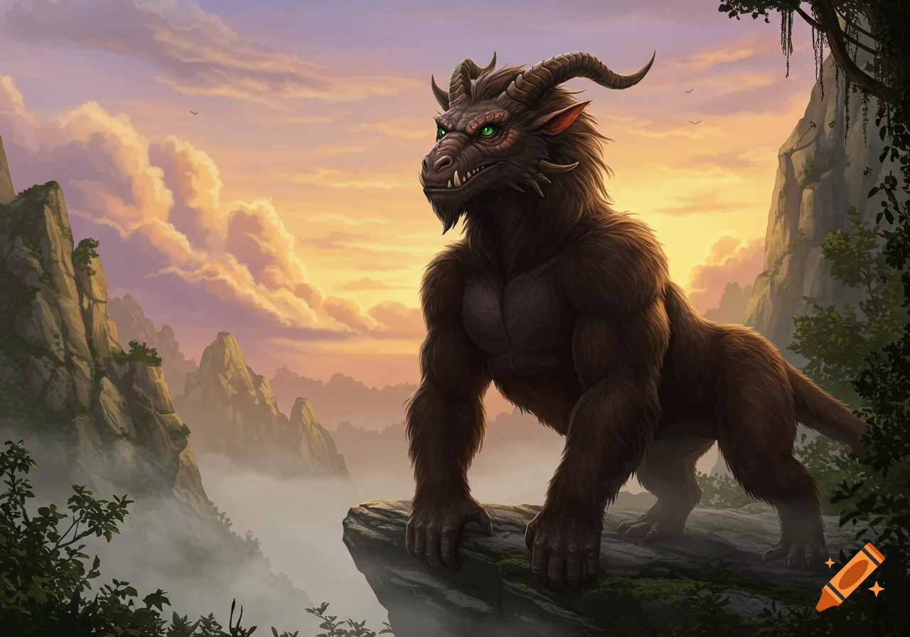 A large, dark furry beast with horns and green eyes stands on a rocky cliff overlooking a misty mountain valley at sunset.