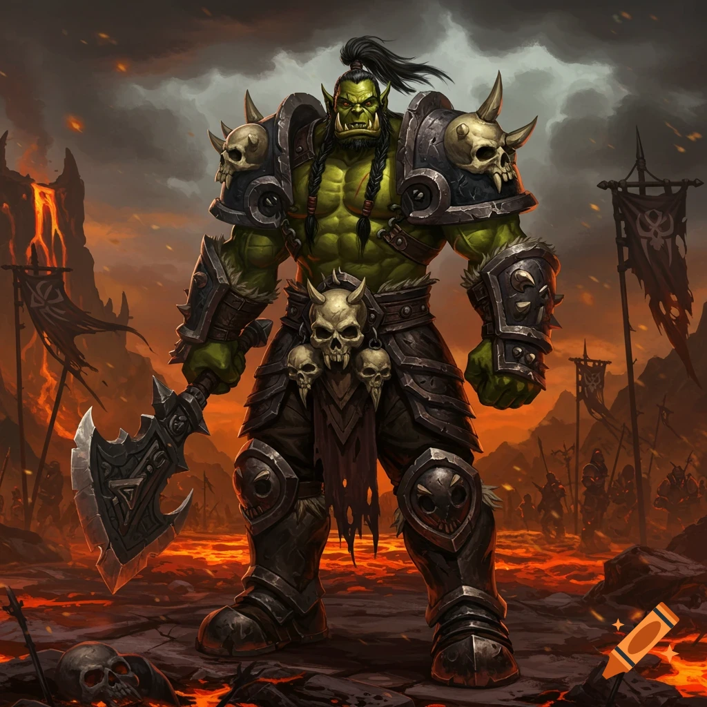 A powerful green-skinned orc warrior in detailed spiked armor, holding a battle axe, stands in a fiery, molten landscape under a stormy sky.