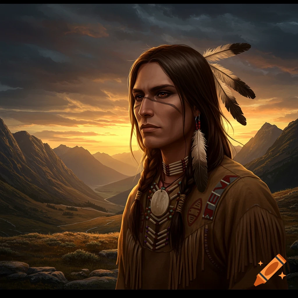 Portrait of a young Native American man with braids and feathers, in traditional attire, at sunset over mountains.