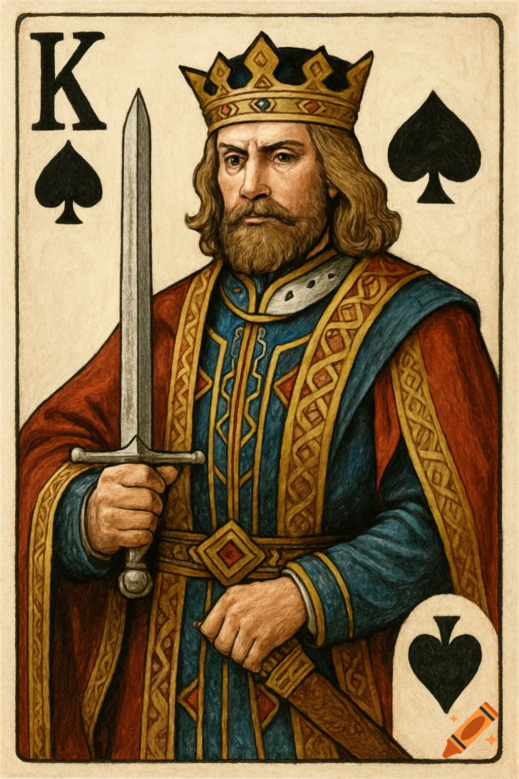 An illustrated King of Spades playing card, depicting a bearded king in a crown and royal robes holding a sword.