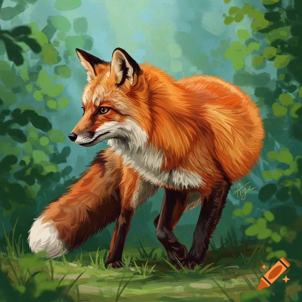 A detailed digital painting of a red fox with white fur on its chest and tail tip, standing in a lush green forest.