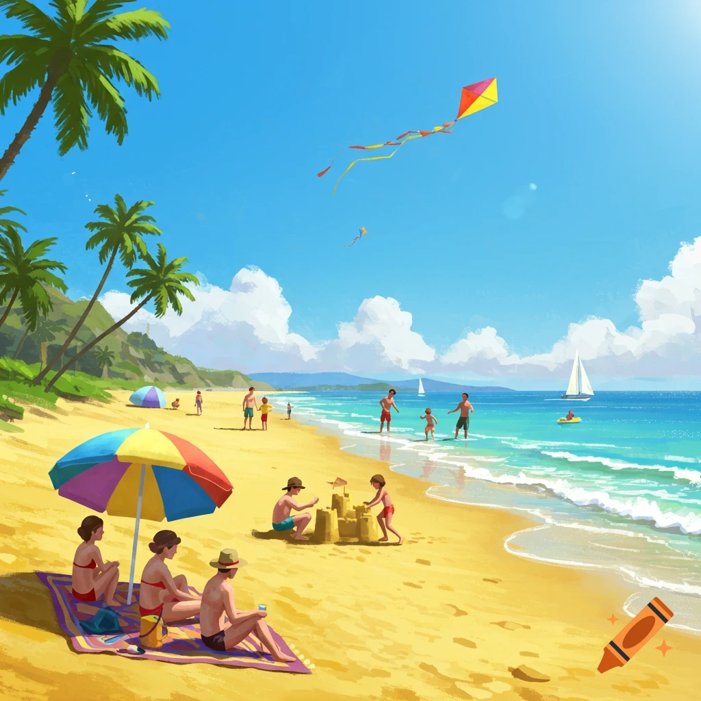 Stylized illustration of people on a vibrant, sunny beach with palm trees, sandcastles, and kites flying.