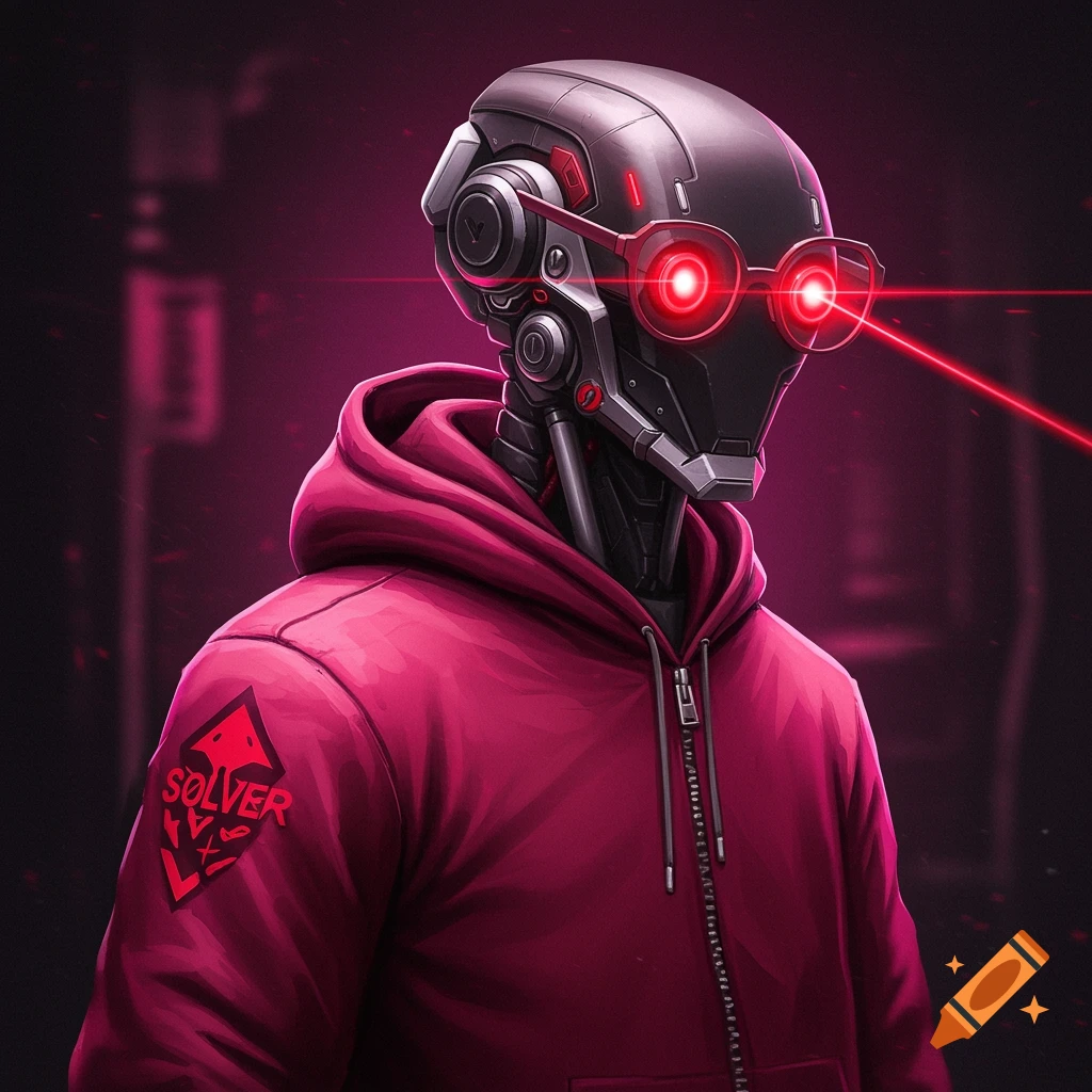 A futuristic robot in a red hoodie and red glowing glasses. The hoodie has 'SOLVER' text on the left chest. Digital art style.