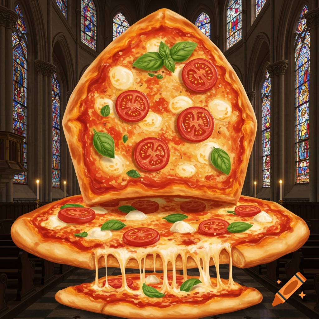 Surreal illustration of pizzas stacked to form a pope hat in a church with stained glass windows.