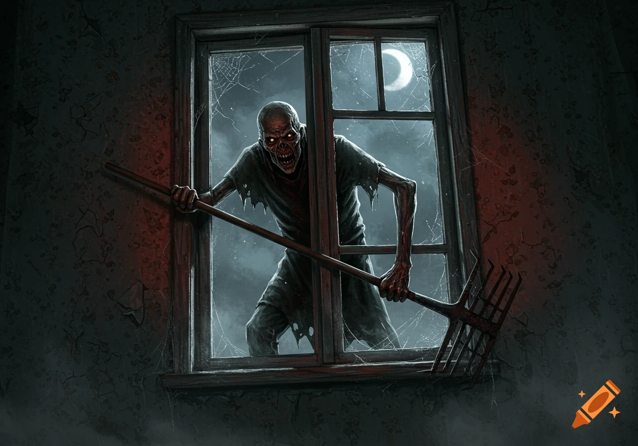 A ghoulish, zombie-like creature with glowing eyes stares through a broken window at night, holding a rake in a dark horror illustration.