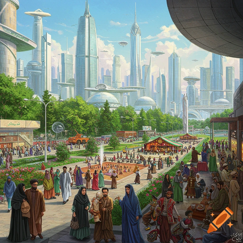 A vibrant, detailed illustration of a bustling futuristic city with tall skyscrapers, flying vehicles, lush green parks, and a market filled with people in traditional clothing.