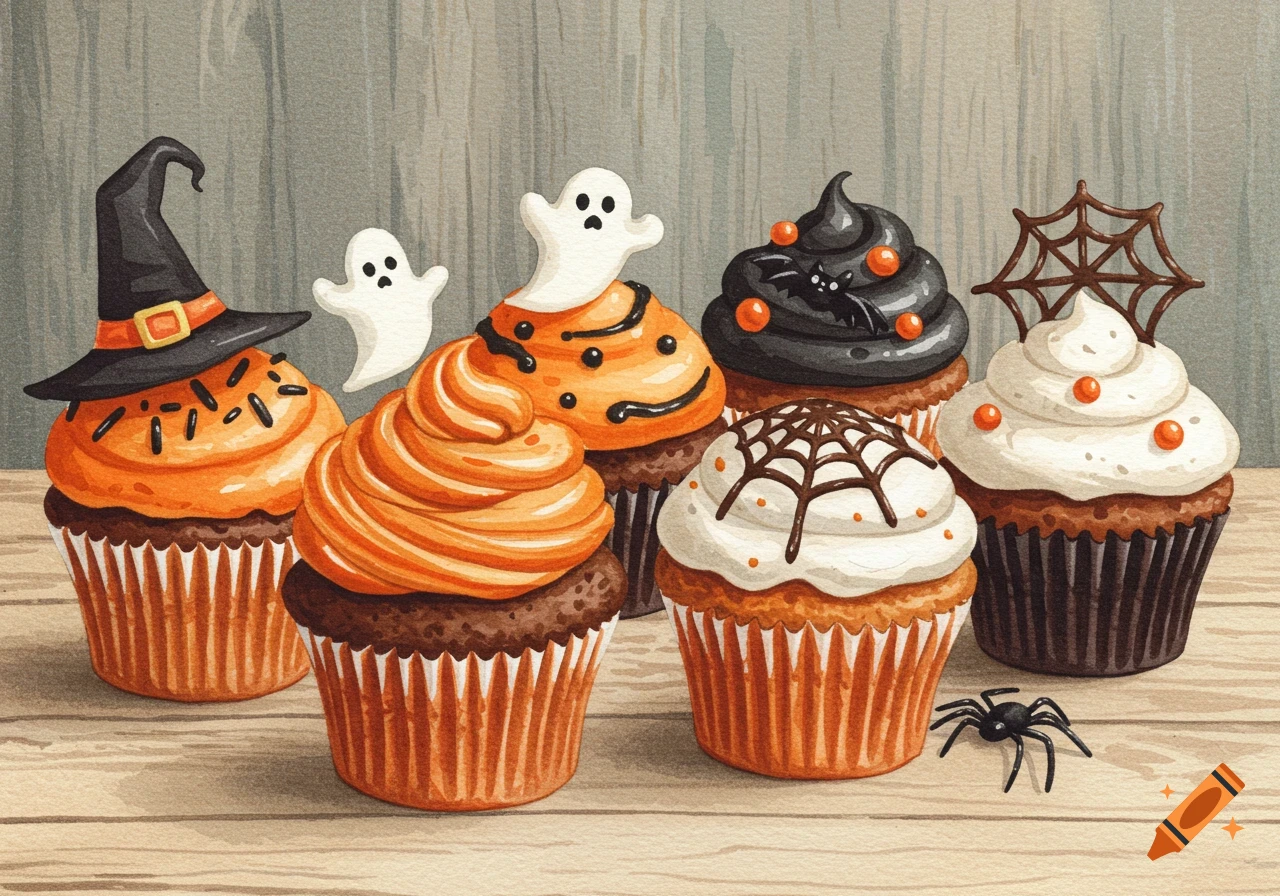 Watercolor illustration of various Halloween cupcakes decorated with witch hats, ghosts, spiderwebs, and bats on a wooden surface.