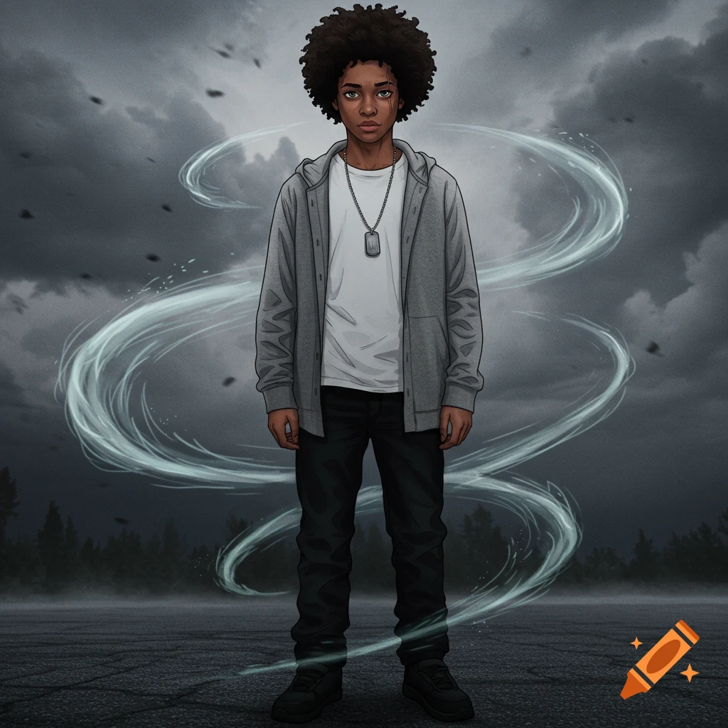 Stylized illustration of a young Black man with an afro, wearing a grey hoodie and dog tags, standing with swirling wind effects around him against a stormy sky.